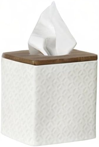 Bathroom Accessories - Ceramic Tissue Holder with Wooden Lid, Decorative Square Tissue Cover Box (White and Beige)
