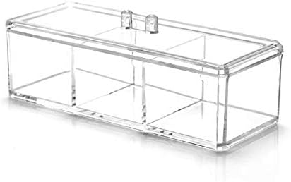 KW Collection Square Acrylic Cotton Ball Pads Gauze Swab Holder Organizer Q-tip Dispenser Storage Canister Bathroom Container Flossers Box Case (9.3x3.7x3 in, 1 Tier, 3 Partitions, Transparent)