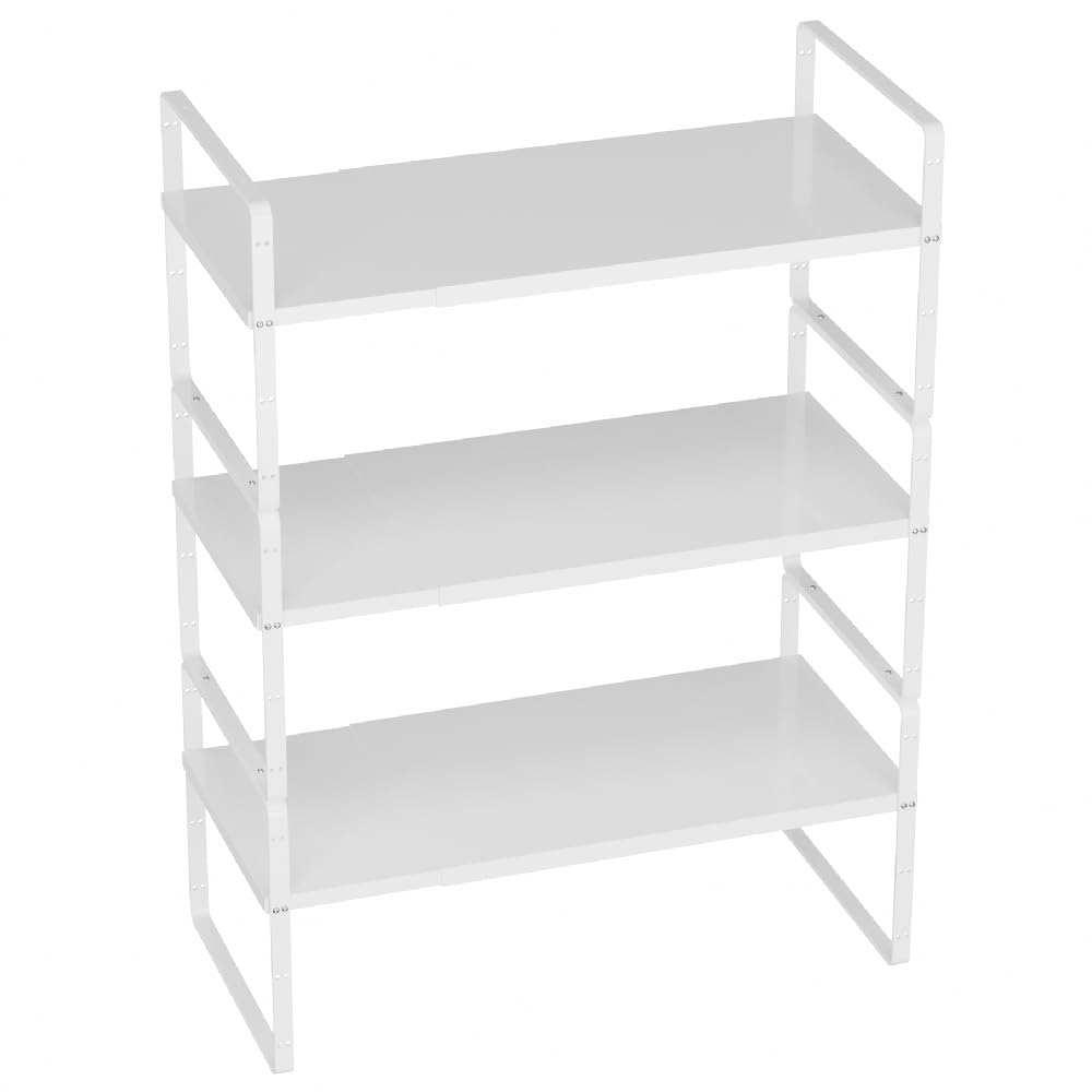 Slideep Expandable Counter Organizer Shelf, Stackable Cabinet Shelves Organizer Storage Rack Cupboard Stand Spice Rack for Kitchen Bathroom Pantry White -2 Set