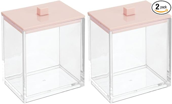 mDesign Plastic Rectangle Apothecary Canister - Organizer for Bathroom Vanity Countertop Shelf Decor - Holds Cotton Swabs, Soap, Makeup, Bath Salts - Lumiere Collection - 2 Pack - Clear/Light Pink