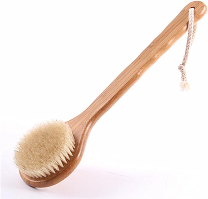 HiKin 12.6" Long Handle Dry Bath Body Brush Back Scrubber, Bamboo Handle Bath Shower Brush Scrubber with Natural Boar Bristles, Good for Detox, Exfoliating, Cellulite, Blood Circulation, etc.