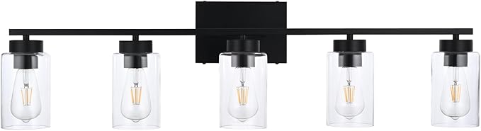 A1A9 5 Light Bathroom Vanity Light Fixtures, Matte Black Modern Wall Lights with Clear Glass Shade, Vintage Wall Sconce Lighting for Living Room, Mirror, Bedroom, Hallway (Black, 5-Lights)