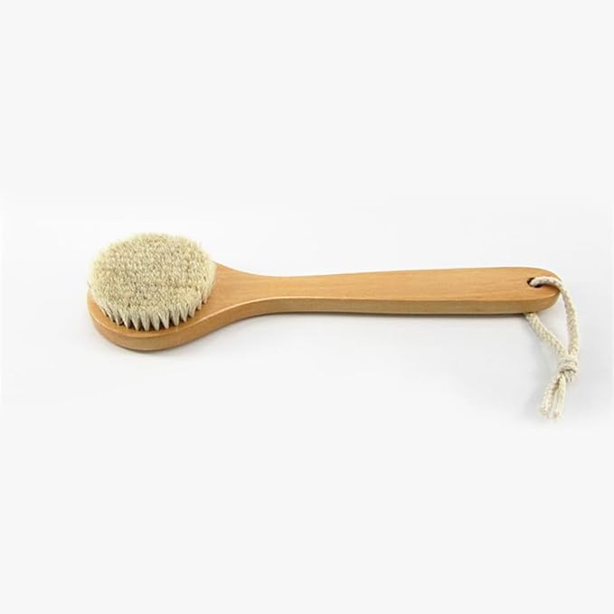 HiKin 11.8 Inch Long Wooden Handle Dry Body Brush Back Scrubber, Bath Shower Brush Scrubber with Soft Horsehair Mane Natural Bristles, Good for Cellulite, Detox, Exfoliating, Blood Circulation,etc.