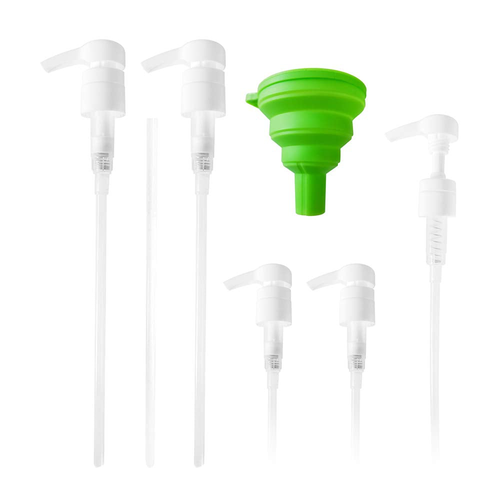 5-Pack Liter 33.8 oz Shampoo Conditioner Pump Dispenser and Funnel | Fits Most Liter Professional Brand Shampoo and Conditioner Containers with a 1-inch Opening | White | 4cc Output | by Geti Beauty