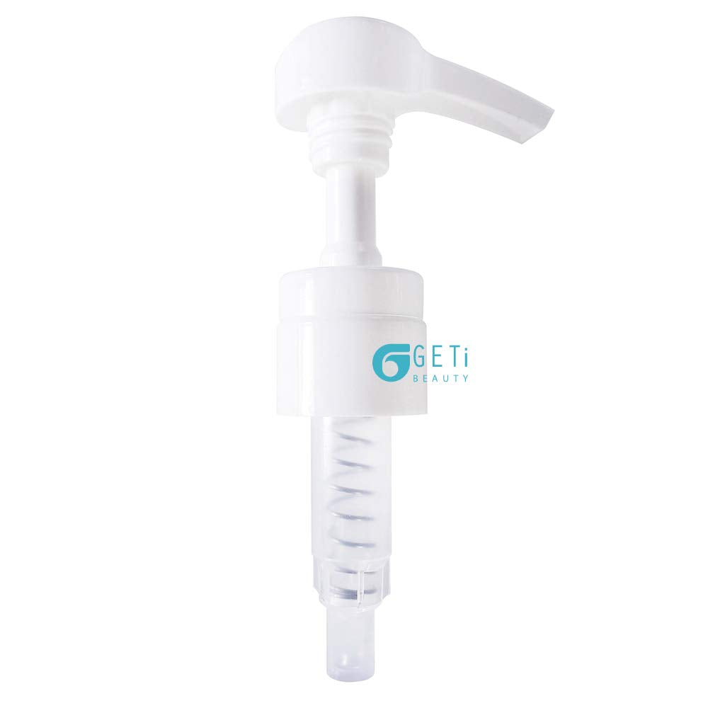 5-Pack Liter 33.8 oz Shampoo Conditioner Pump Dispenser and Funnel | Fits Most Liter Professional Brand Shampoo and Conditioner Containers with a 1-inch Opening | White | 4cc Output | by Geti Beauty