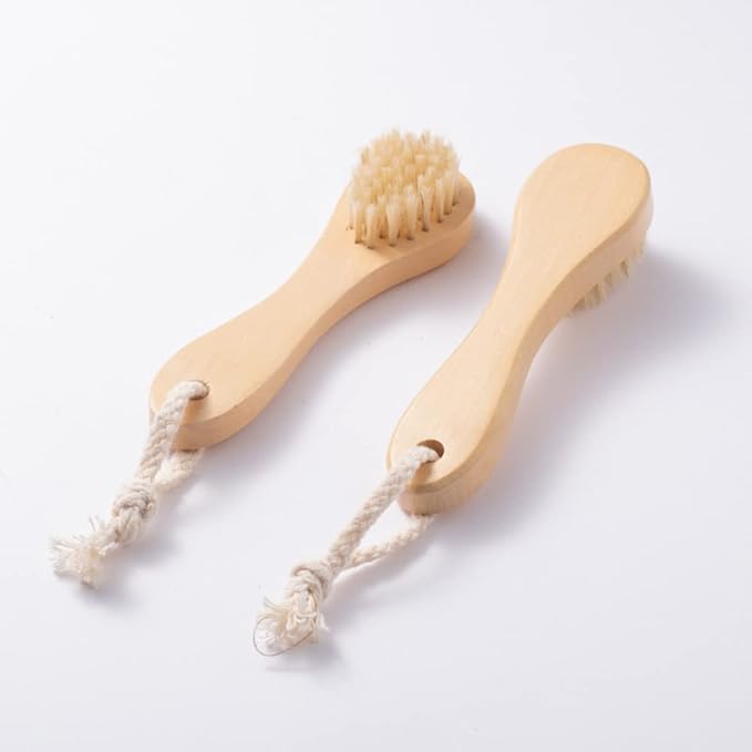 HiKin 2 Pack Wood Handle Manual Face Facial Cleansing Brush, 5.7” Natural Boar Bristles Skin Care Exfoliating Scrub Brush.
