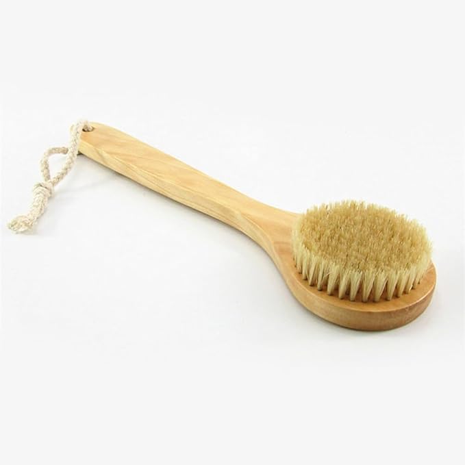 HiKin 11.8“ Long Handle Dry Bath Body Brush Back Scrubber, Wooden Handle Shower Brush with Natural Boar Bristles, Good for Exfoliating, Cellulite, Detox, Blood Circulation, etc.