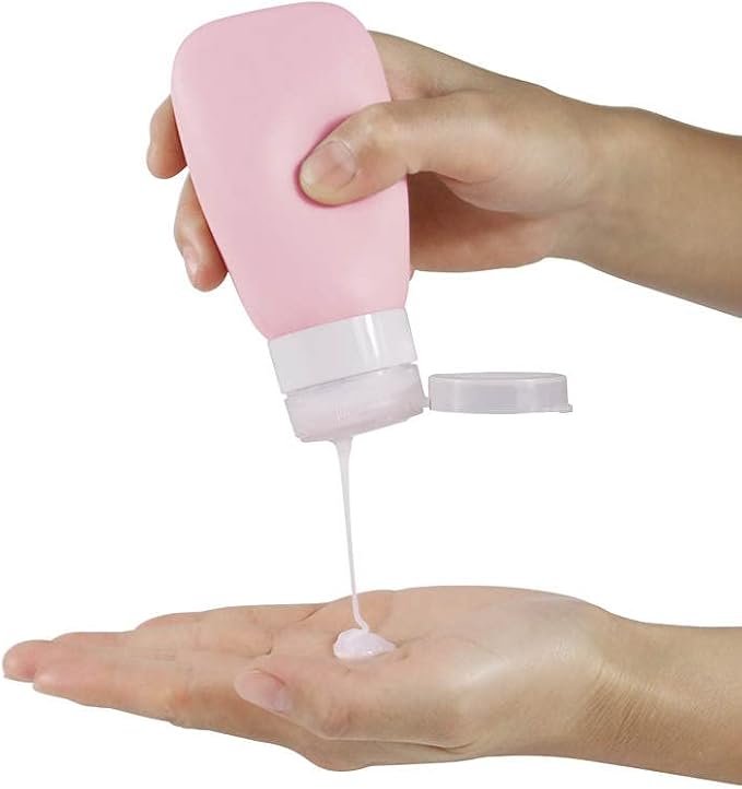LYOB Travel Bottles for Toiletries, TSA Approved 3oz (90ml) Leak Proof Silicone Refillable Squeeze Travel Size Containers BPA Free for Cleansers, Lotions, Shampoo 4pk-With Bag (P,G,Blk,BL)
