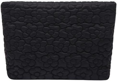 HFLZBRO Puffy Quilted Makeup Bag for Women, Cosmetic Bag, Travel Toiletry Organizer Pouch Clutch (Black Flowers)
