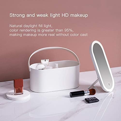HPYDIY Portable LED Makeup Mirror with Storage Box, Touch Control Dimmable Light, Rotatable Stand & Rechargeable Cosmetic Organizer for Travel
