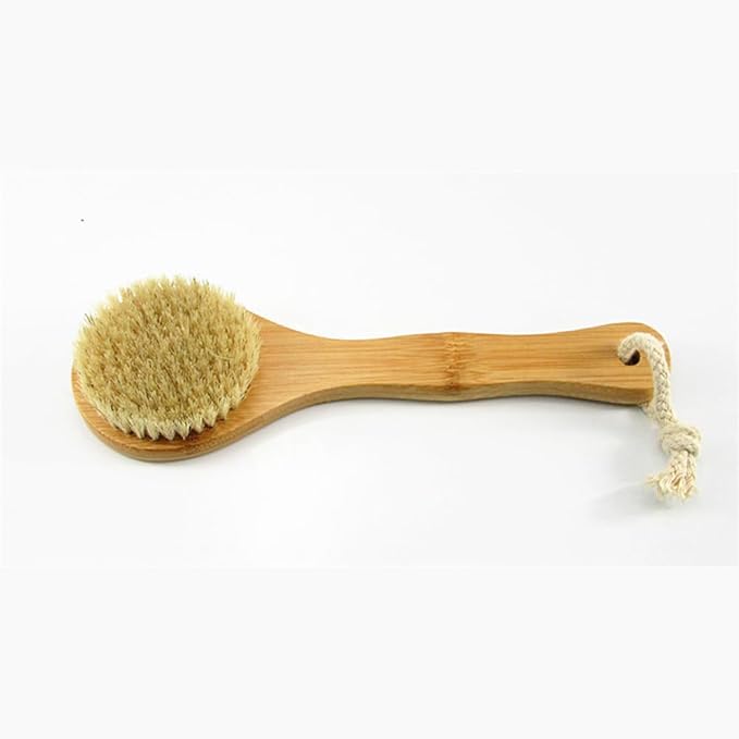 HiKin 9.84" Short Handle Dry Body Brush Back Scrubber, Bamboo Handle and Natural Boar Bristles Bath & Shower Brush, Good for Blood Circulation, Exfoliating, Cellulite and Detox, etc.