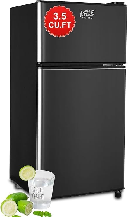 KRIB BLING Refrigerator 3.5 Cu.Ft with Freezer,Vintage Double Door,Lock Fresh,7 Level Adjustable Thermostat ct for Dorm, Bar, Office,Kitchen, Apartment，Black