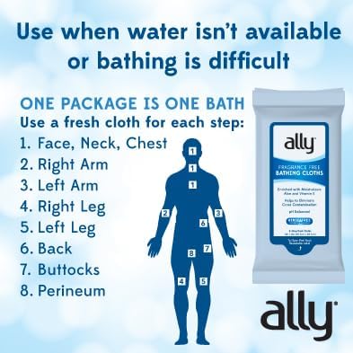 Ally Ultra-Thick Body Wipes with Aloe - No Rinse, Fragrance Free Bathing Wipes for Women, Men & Elderly - 96 Count (12 Pk of 8 Wet Wipes)