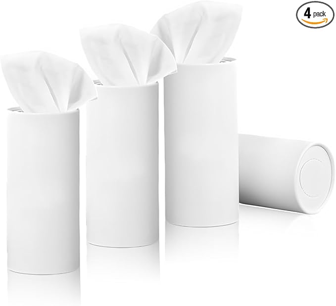 4 PCS Car Tissue Holder, Quick Convenient Refill Cylinder Facial Tissue Holder, Travel Tissues Box Round Container Suitable for Car Cup Holder, Universal Car Accessories (White)