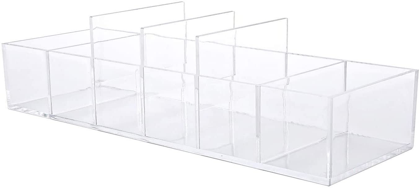 KW Collection Acrylic Makeup Organizer Cosmetic Storage Makeup Display Case Lipstick Holder Dispenser Adjustable Canister Bathroom Container (10 x 3.4 x 1.9 inches, 6 Partitions, Transparent)