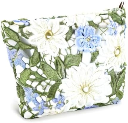 URSKYTOUS Flower Makeup Bags Travel Large Floral Cosmetic Bag for Women Cute Makeup Pouch Zippered Portable Toiletry Bag Lace Trendy Aesthetic Make up Organizer Bag Cosmetic Pouch for Purse