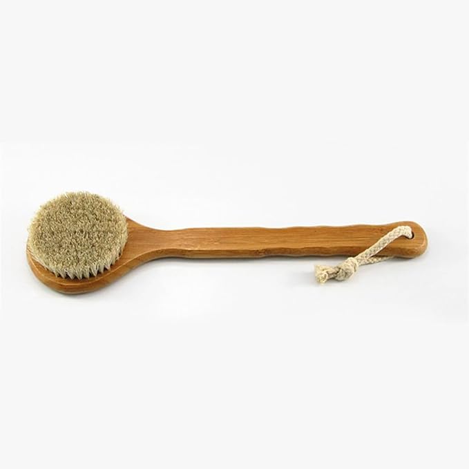HiKin 12.6” Long Handle Dry Bath Body Brush Back Scrubber, Bamboo Handle Shower Brush with Soft Horsehair Mane Natural Bristles, Great for Detox, Exfoliating, Cellulite, Blood Circulation, etc.