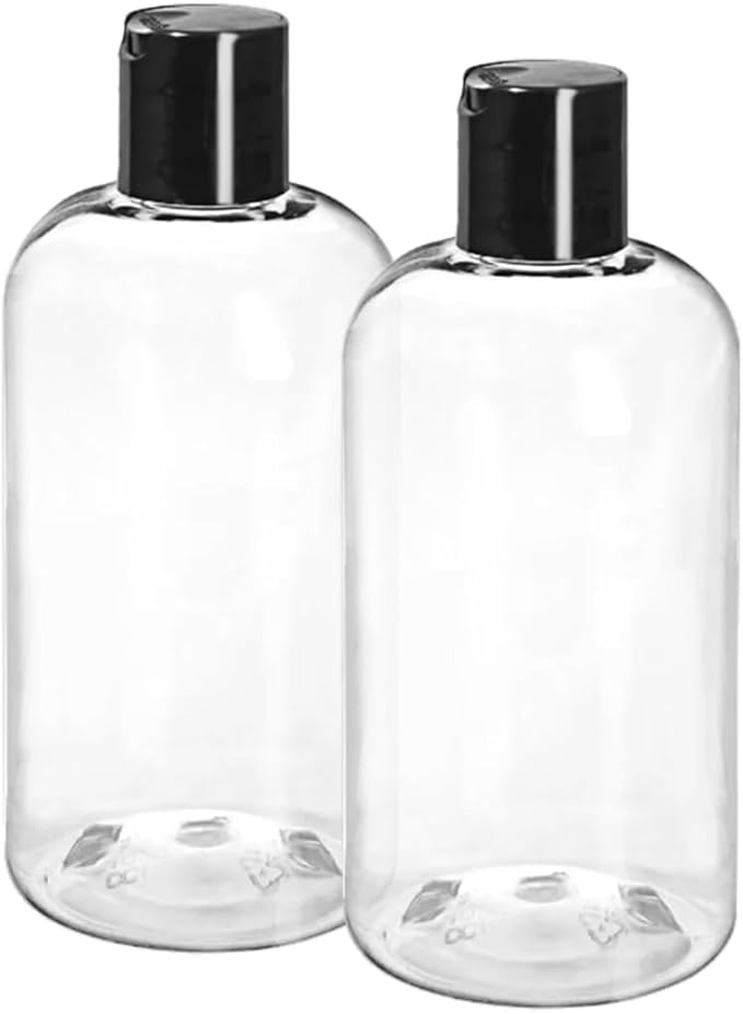 ljdeals 8 oz Clear Plastic Empty Bottles with Black Disc Top Caps, Squeezable Refillable Containers for Shampoo, Lotions, Cream and More, Pack of 2, BPA Free, Made in USA