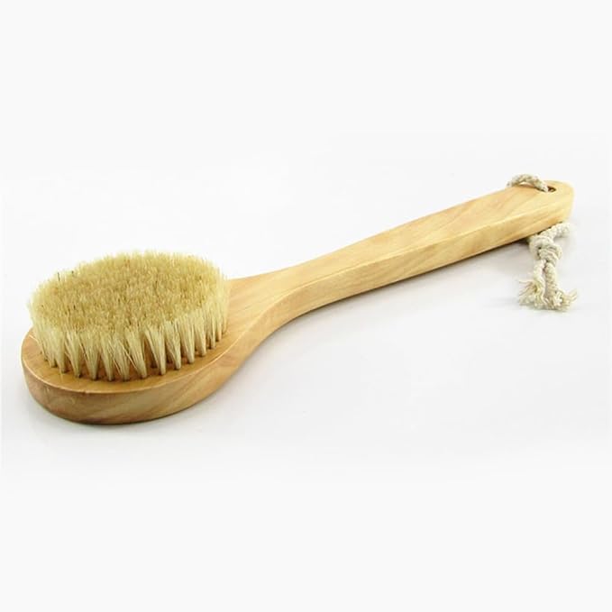 HiKin 11.8“ Long Handle Dry Bath Body Brush Back Scrubber, Wooden Handle Shower Brush with Natural Boar Bristles, Good for Exfoliating, Cellulite, Detox, Blood Circulation, etc.