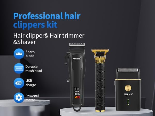 HIENA PRO Professional Hair Clipper Set for Men, Cordless Barber Clippers Set and Trimmer Kit, USB Rechargeable Electric Beard Trimmer Foil Shaver & Men's Facial Grooming Tool Kit, Gifts for Men