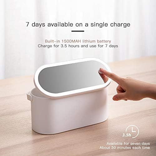 HPYDIY Portable LED Makeup Mirror with Storage Box, Touch Control Dimmable Light, Rotatable Stand & Rechargeable Cosmetic Organizer for Travel
