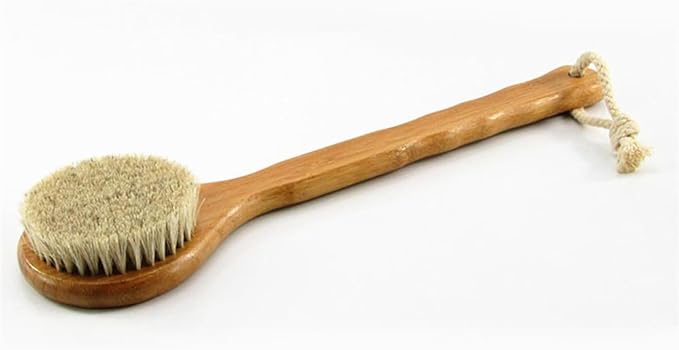 HiKin 12.6” Long Handle Dry Bath Body Brush Back Scrubber, Bamboo Handle Shower Brush with Soft Horsehair Mane Natural Bristles, Great for Detox, Exfoliating, Cellulite, Blood Circulation, etc.