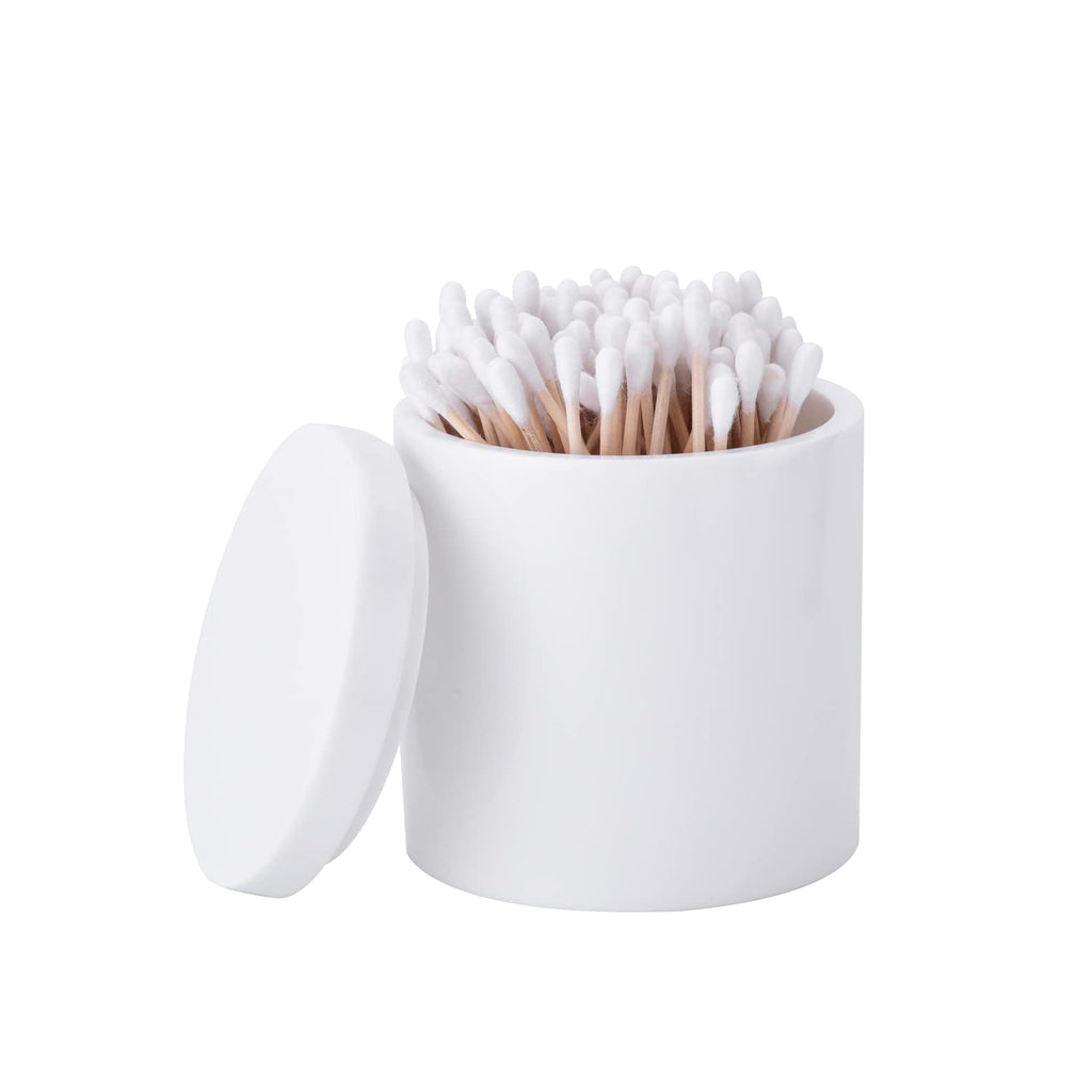Rzoeox Cotton Swab Holder with Lid, White Qtip Holder Bathroom, Resin Cotton Ball Canister Jar Cosmetics Makeup Countertop Organizer Containers Canister Apothecary Jar