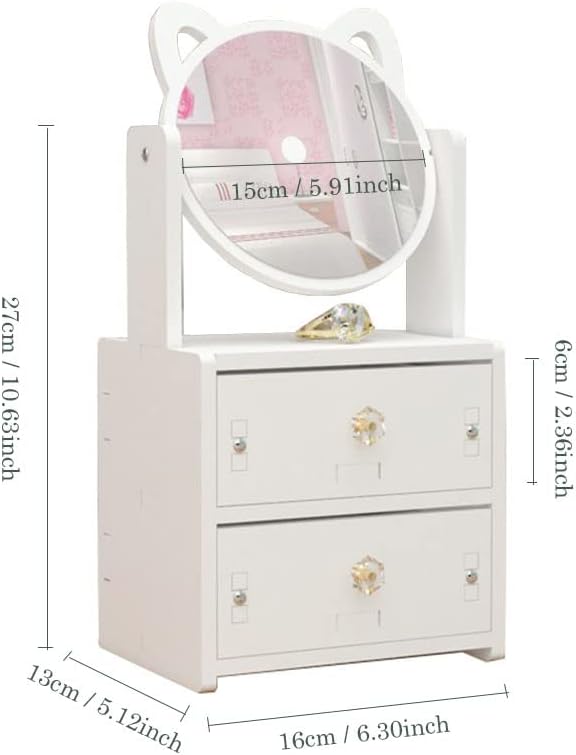 Alunsito Makeup Organizer with Cabinet and Lipstick Shelf Box, Cat Ear Mirror, Cosmetics Storage Box, Dormitory Desktop Dresser, Jewelry Organizer