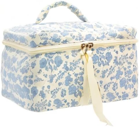 PAZIMIIK Cotton Makeup Bag for Women Large Quilted Travel Cosmetic Case Girls' Make Up Organizer,Little Flower Blue