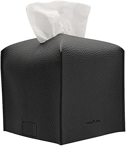 Tissue Box Cover Holder, Square with Bottom Belt by Carrot's Den - PU Leather Decorative Organizer for Tabletop, Bathroom, Car, Office | Black