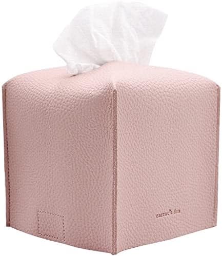 Tissue Box Cover Holder, Square with Bottom Belt by Carrot's Den - PU Leather Decorative Organizer for Tabletop, Bathroom, Car, Office | Baby Pink
