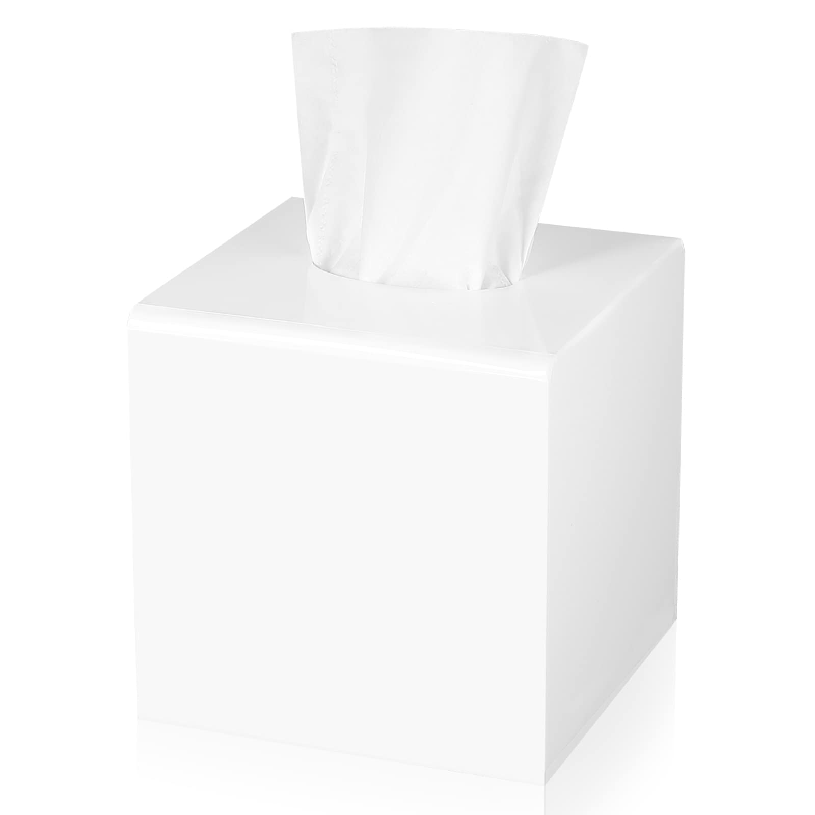 Kamehame Tissue Box Cover Square Acrylic Tissue Holder 5.25x5.25x5.5 Inch White Dryer Sheet Holder Container Tissue Dispenser for Home Bathroom Kitchen and Office