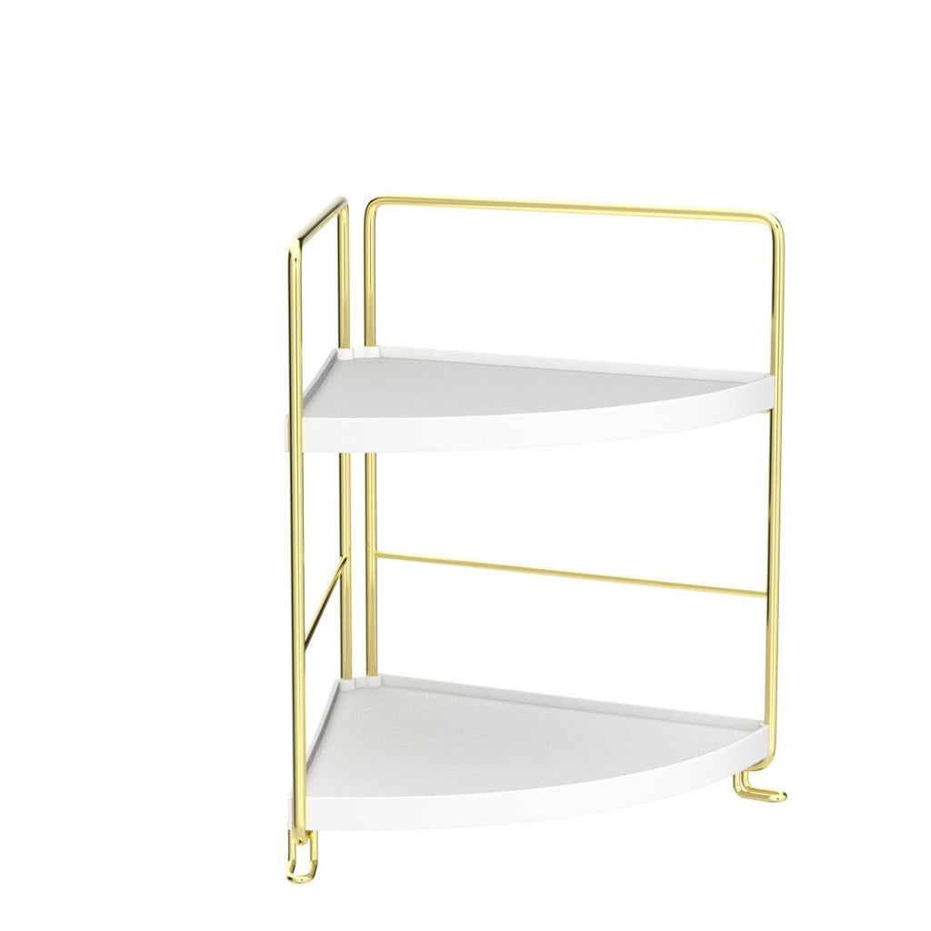 FSyueyun 2-Tier Corner Bathroom Counter Organizer, Tool-Less Installation Vanity Shelf Small Plastics Countertop Makeup Tray Skincare Perfume Organizers (Gold)