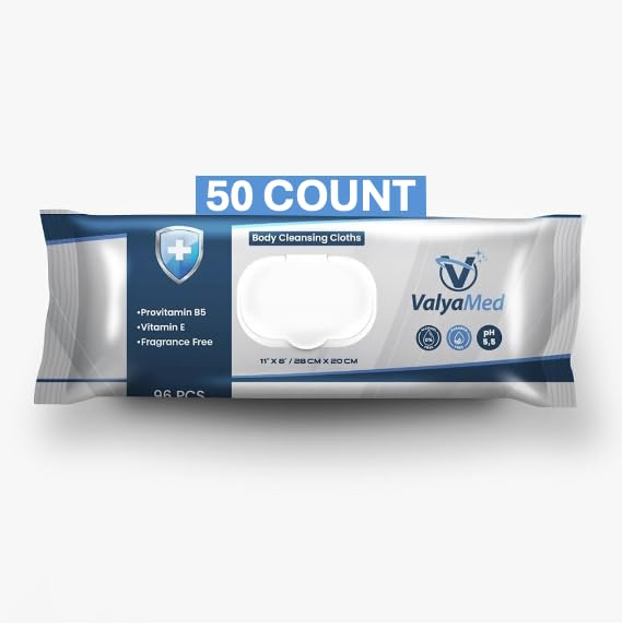 ValyaMed Body Wipes for Adults, XL Body, Elderly, Alcohol-Free Incontinence, Paraben Free, Fragrance-Free with Vitamin E and Provitamin B5, 11 x 8 Inches, 50 Count