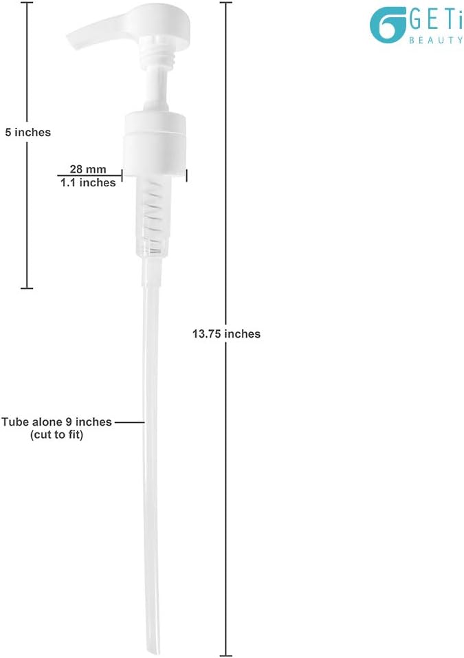 5-Pack Liter 33.8 oz Shampoo Conditioner Pump Dispenser and Funnel | Fits Most Liter Professional Brand Shampoo and Conditioner Containers with a 1-inch Opening | White | 4cc Output | by Geti Beauty