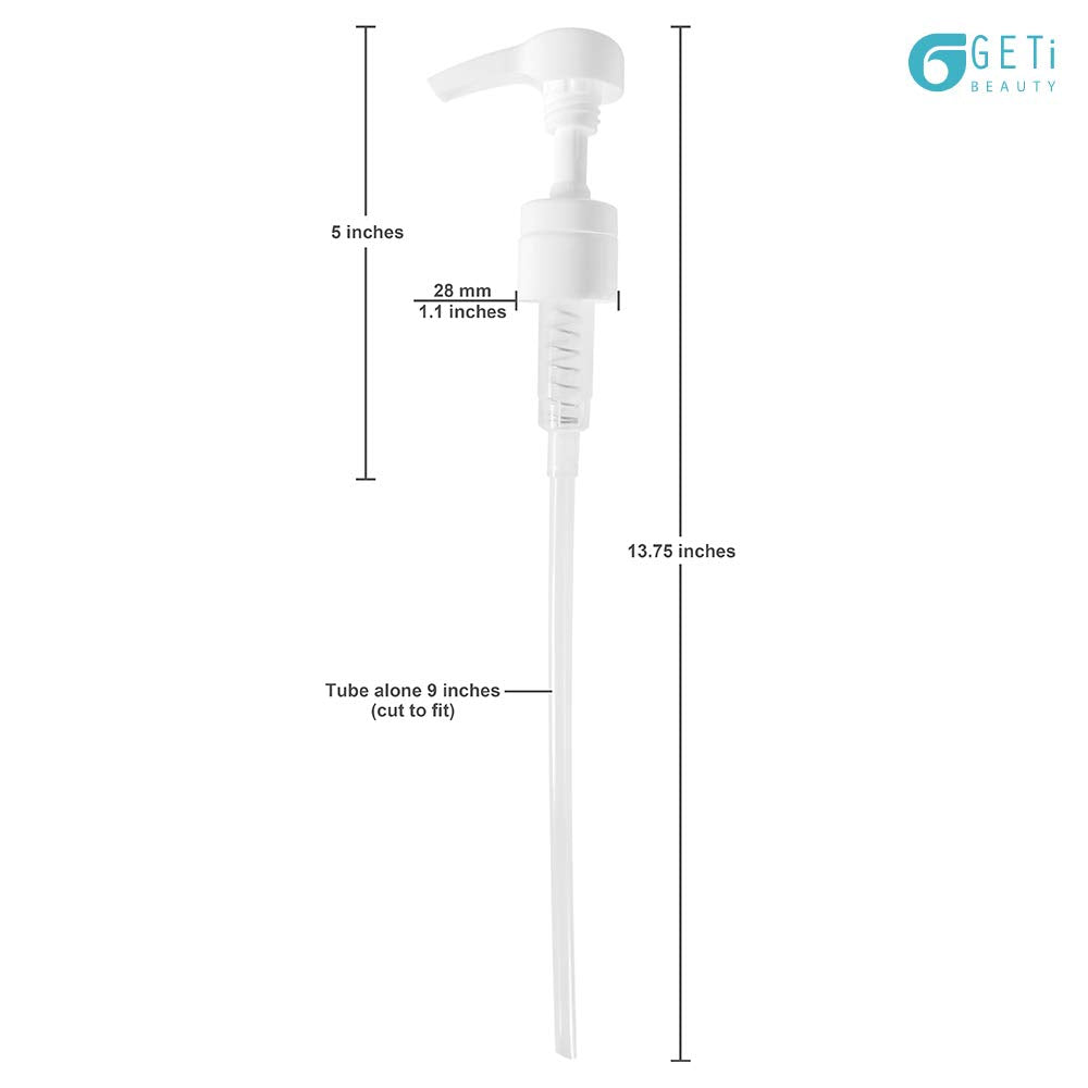 5-Pack Liter 33.8 oz Shampoo Conditioner Pump Dispenser and Funnel | Fits Most Liter Professional Brand Shampoo and Conditioner Containers with a 1-inch Opening | White | 4cc Output | by Geti Beauty
