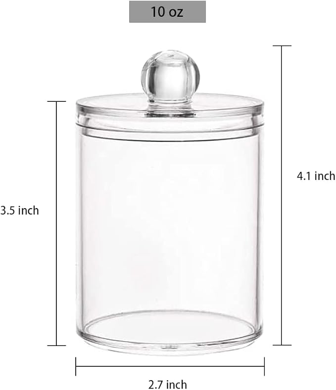DAPOWER 4 Pack Qtip Holder Storage Canister for Cotton Ball, Cotton Swab, Pads, Floss; 10-Ounce Clear Plastic Apothecary Jar with Lid, Bathroom Makeup Organizer (4)