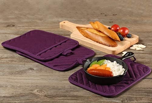 VEIKERY Oven Pot Holder with Pocket Cotton Heat Resistant Coaster Potholder Kitchen Hot Pad Oven Mitts for Cooking Square 7"x9"Set of 5 (Purple)