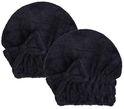 MAYOUTH Microfiber Hair Drying Towels Head wrap with Bow-Knot Shower Cap Hair Turban hairWrap Bath Cap for Curly Long & Wet Hair Gift for Women Blackx2