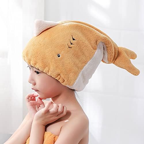 Hair Drying Towel for Kids Girls, Cute Cartoon Absorbent Quick Drying Bath Wrap Set for Bathing, Swimming Pool, Soft Microfiber Cap for Curly Long & Wet Hair, Yellow Towel