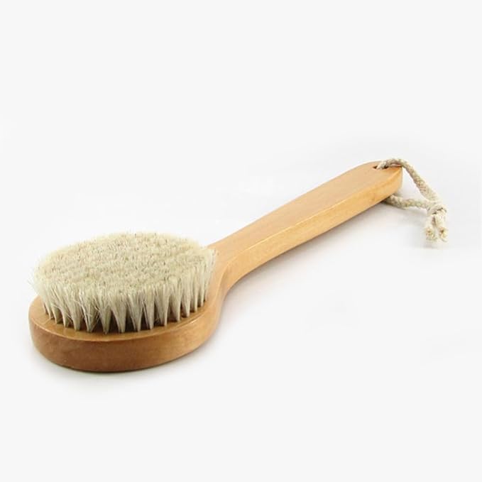 HiKin 11.8 Inch Long Wooden Handle Dry Body Brush Back Scrubber, Bath Shower Brush Scrubber with Soft Horsehair Mane Natural Bristles, Good for Cellulite, Detox, Exfoliating, Blood Circulation,etc.