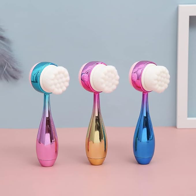 Manual Facial Cleansing Brush 2 in 1Double-Sided Facial Cleaning Brush with Soft Bristles (Electroplated Pink-Blue)