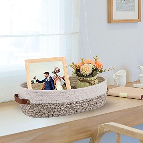 Oradrem Woven Storage Basket for Toilet Tank Top,Farmhouse Home Decor Organizing Basket for Bathroom,Table and Counter 13"x5.9"x4" Apricot Stitching White