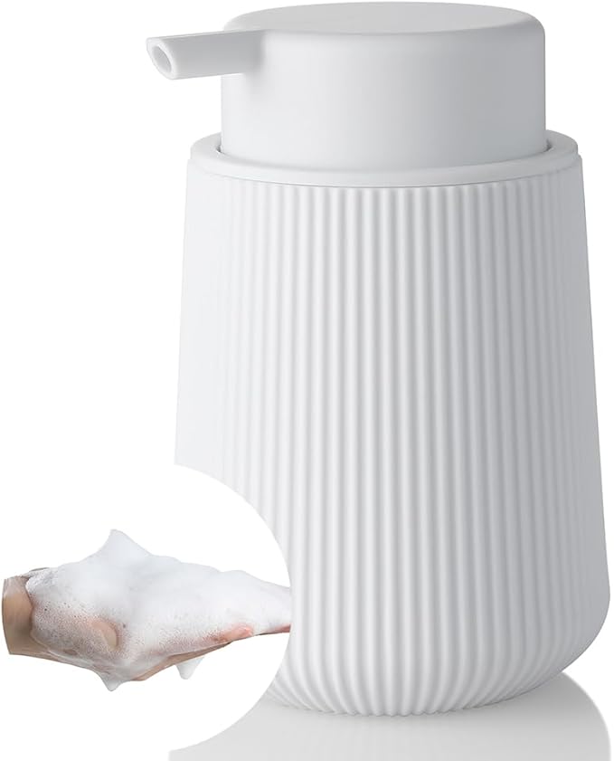 YAUKPH Striped Foaming Hand Soap Dispenser with Leak-Proof Pump for Bathroom and Kitchen Countertop 11oz White