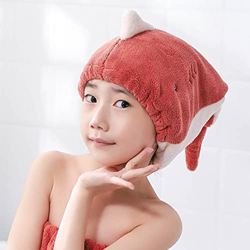 Hair Drying Towel for Kids Girls, Cute Cartoon Absorbent Quick Drying Bath Wrap Set for Bathing, Spa, Swimming Pool, Soft Microfiber Cap for Curly Long & Wet Hair, Red