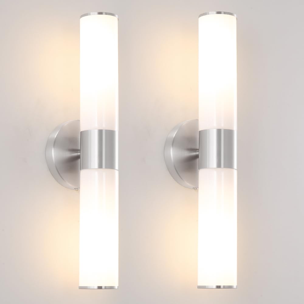 Brushed Gold Wall Sconces Set of 2 (Hardwired Only), Bathroom Vanity Light Fixtures, Modern Cylinder Glass Wall Lights for Mirror 28-40 in Height, NOT Battery Operated, E26 Base (Bulbs Not Included)