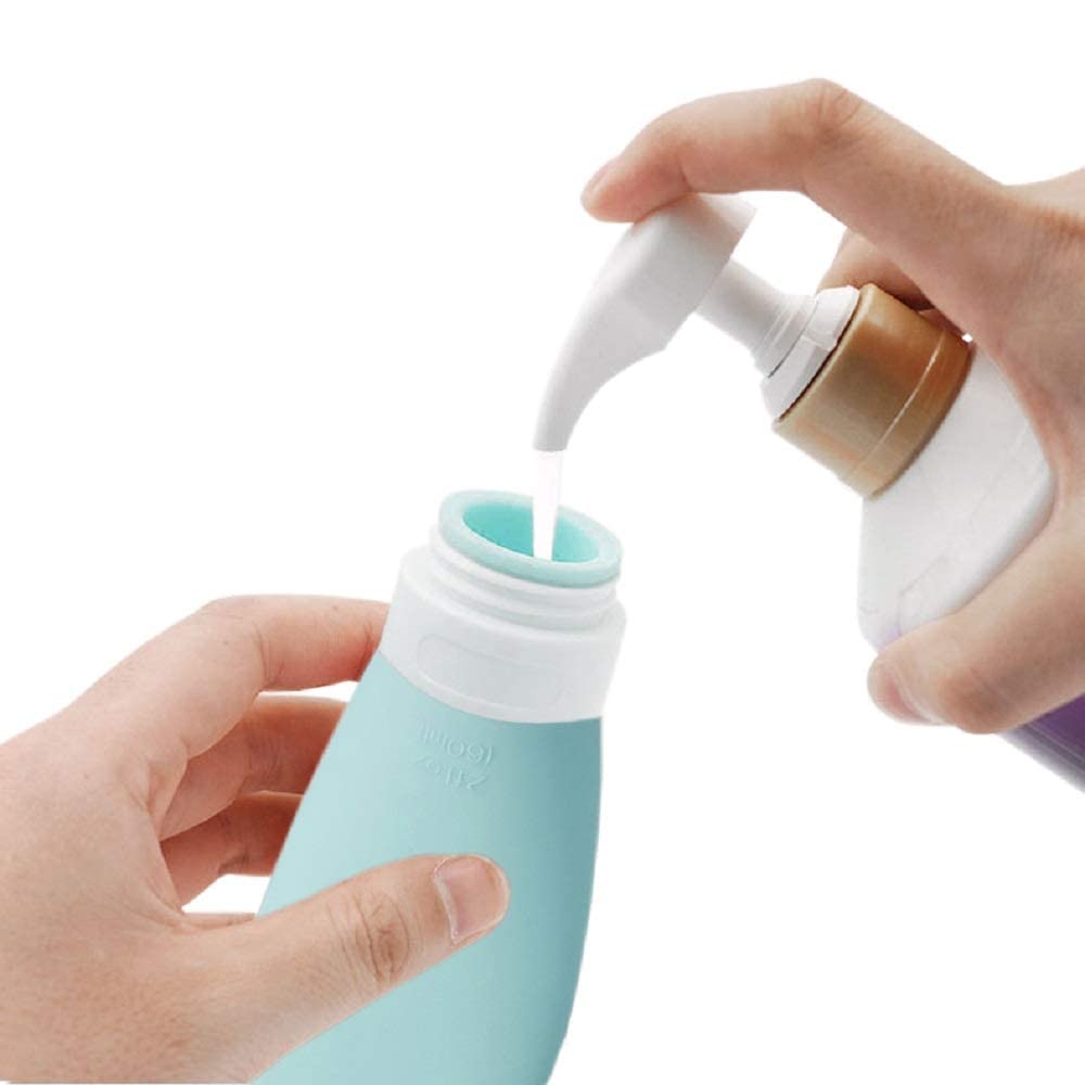 LYOB Travel Bottles for Toiletries, TSA Approved 3oz (90ml) Leak Proof Silicone Refillable Squeeze Travel Size Containers BPA Free for Cleansers, Lotions, Shampoo 4pk-With Bag (P,G,Blk,BL)