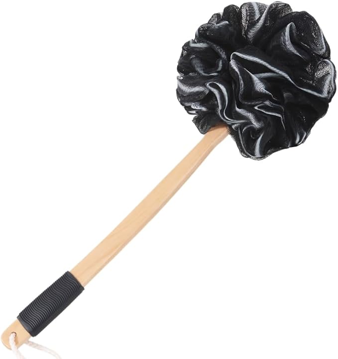 FORENEE Black Loofah on a Stick, PE Mesh Back Scrubber, Long Wood Handle