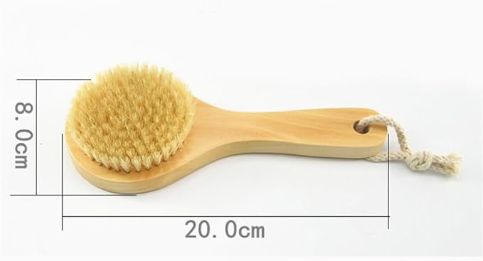 HiKin Wooden Short Handle Dry Body Brush Scrubber, 7.87 Inch Natural Bristles Bath & Shower Brush Scrubber.