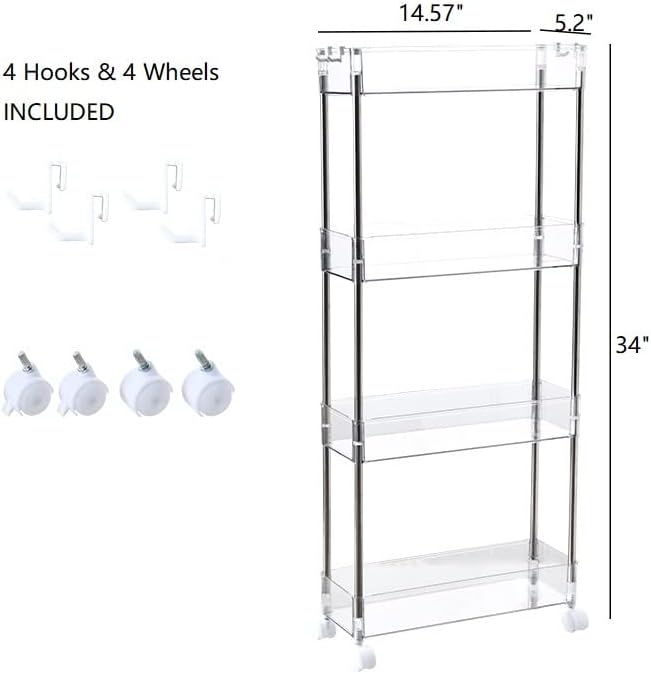 Chris.W Slim Storage Cart 4 Tier with Wheels, Clear Bathroom Cart Organizer, Mobile Shelving Unit Rolling Utility Cart, Slide Out Organizer for Kitchen, Bathroom, Laundry, Narrow Places, Office- 5.2"W